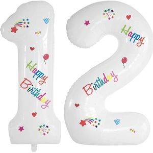 Folie Ballonnen Cijfers 12 Jaar Happy Birthday Verjaardag Versiering Cijferballon Folieballon Cijfer Ballonnen Wit 70 Cm