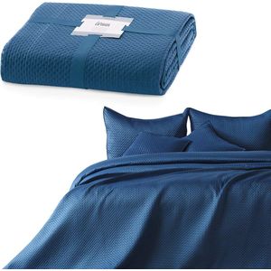 Donkerblauwe Dubbelzijdige Mat Satijnen Bedsprei 220x240 cm met Geometrisch Reliëf