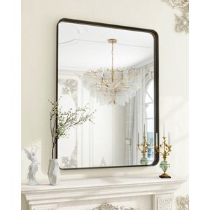 Deep Frame Wall Mirror, 90 x 60 cm, Luxury High-End Round Corner Bathroom Mirror, Wall Mirror Horizontal or Vertical Hung, Black