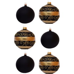 Zwarte Kerstballen met Gouden Strepen en Kruldecoratie en effen mat zwart - Doosje met 6 glazen kerstballen