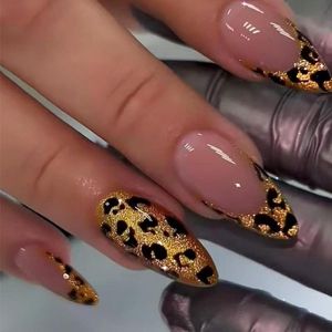 French Press On Nails Medium Almond Shape 24 Pieces Artificial Nails Gold Leopard Pattern with Jelly Glue Reusable Nails