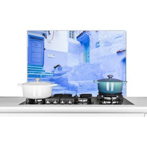 Spatscherm keuken 80x55 cm - Kookplaat achterwand Straat - Blauw - Deuren - Architectuur - Muurbeschermer - Spatwand fornuis - Hoogwaardig aluminium
