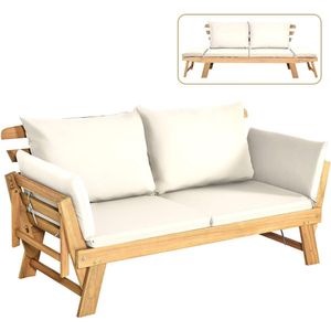 COSTWAY Acacia Houten Omvormbare Slaapbank met Verstelbare Armleuningen, Inklapbare Chaise Longue met Armleuningen en Kussens, Buiten Slaapbank voor Tuin, Zwembad, Achtertuin (wit)