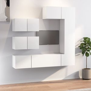 The Living Store TV-meubelset - klassiek design - voldoende opbergruimte - wandgemonteerd - wit - bewerkt hout - 3x 80x30x30cm + 1x 30.5x30x90cm + 2x 60x30x30cm