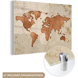 MuchoWow® Glasschilderij 30x20 cm - Schilderij acrylglas - Wereldkaart - Papyrus - Koper - Foto op glas - Schilderijen