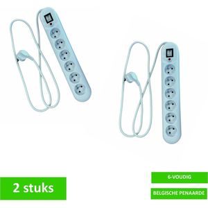 PROMAX Stekkerdoos - 6 voudig - Schakelaar - BELGISCHE PENAARDE - 1.5 mtr kabel - 3 x 1.5 mm² - 3680 watt - Wit - 2 STUKS