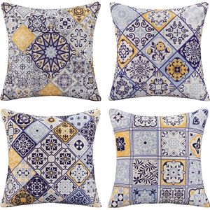 Set van 4 decoratieve kussenhoezen, mandala-patroon, 45 x 45 cm, sierkussen, bankkussen, kussensloop, Bohemian katoen, linnen, decoratieve kussenhoes met verborgen ritssluiting, blauw