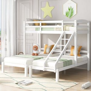 Driepersoonsstapelbed met zijladder voor kinderen - Massief houten driepersoonsstapelbed voor 3 kinderen - Full-Over-Twin & Twin Triple Bed - wit (90x200cm)