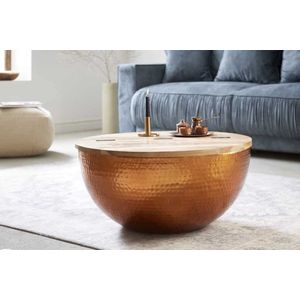 Ronde salontafel ORIENT STORAGE 60cm Koperen Hamer Blow Handgemaakt Acaciahout met Opbergruimte - 39253