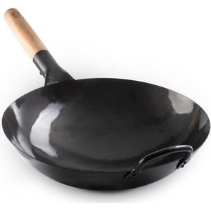Pre-Seasoned Hand Gehamerd Carbon Staal Pow Wok - Houten en Stalen Helper Handvat - 335 cm Ronde Bodem