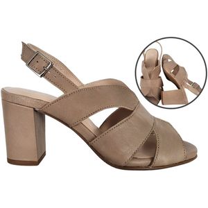 Stravers- Elegante Sandaal Taupe Met Blokhak Maat 42 Grote Maten Taupe Leer