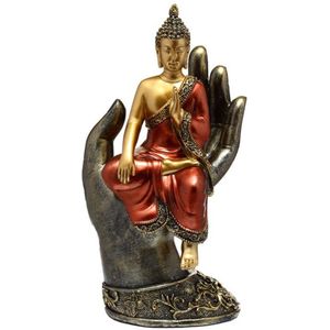 Thaise Boeddha zittend in hand Goud en Rood ca. 23 cm hoog