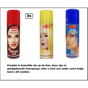 3x Haarverf/haarspray rood/geel/blauw 125 ml - Intense red/ sunny yellow / sky blue - Word bezorgd in doos ivm beschadiging - Festival thema feest carnaval haar kleurspray party