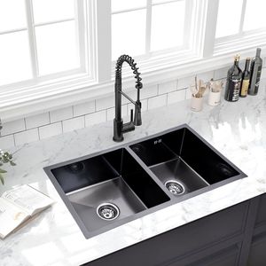 Lendo Online Dubbele spoelbak voor keuken 870x440x200mm (87x44x20cm) Zwart Antraciet RVS - Roestvrij staal- Wasbak met waterafvoersysteem - Gootsteen + bevestigingshaken