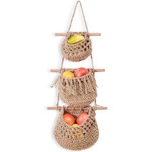 Boho Hangende fruitmand, 3 dieren, over de deur, organizer, handgemaakte jute geweven wandmand, wandmand, Boho keuken, wanddecoratie voor organisatie, opbergmand voor keuken, woonkamer en