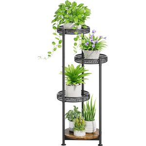 4-laags metalen plantenstandaard, pottenstandaard, hoekplantenhouder, bloemenplank voor meerdere planten, modern plantendisplay met houten blad voor kantoor, tuin, balkon, terras, rond