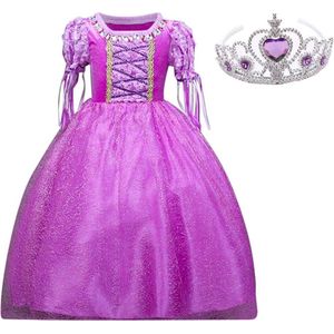 Sprookjes jurk Raponsje Prinsessen jurk verkleedjurk Deluxe 116-122 (120) paars + kroon verkleedkleding