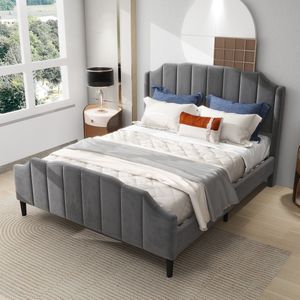 Sweiko 140 x 200 cm Gewatteerd Bed met hoofdeinde en plat frame, Grijs fluwelen gewatteerd jeugdbed tweepersoonsbed