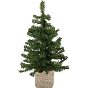 Kunst kerstboom/kunstboom groen 60 cm met naturel jute pot - Kunstboompjes/kerstboompjes