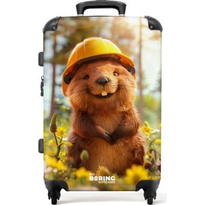 NoBoringSuitcases.com® - Kinderkoffer groot - Kindertrolley koffer - Lachende bever met bouwhelm in de natuur - Rolkoffer lichtgewicht - Reiskoffer met 4 wielen - Grote trolley XL - 20 kg bagage