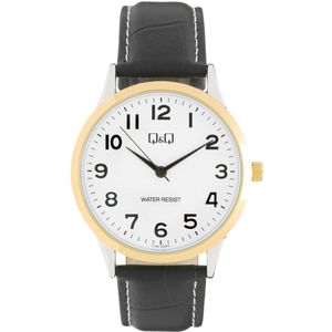 Q&Q C14A-500PY - Horloge - Analoog - Heren - Mannen - Leren band - Rond - Staal - Zwart - Zilverkleurig - Goudkleurig