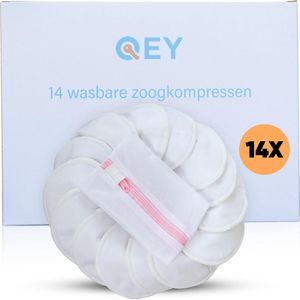 QEY - 14 Wasbare Zoogcompressen - Borstvoeding Pads - Zoogkompressen - Bamboe - incl. Wasnetje - 12cm - Wit