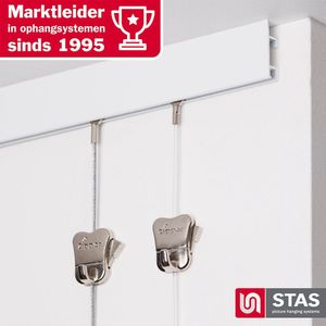 STAS Schilderijrail - Ophangsysteem Schilderijen / Fotolijsten / Poster - Ophangrails - Zonder Boren - Ophanghaak - Ophangrek - Schilderijrails - Cliprail Max - Wit -300cm - Complete Kit