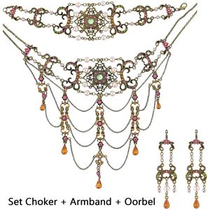 Behave Choker ketting dames - victoriaanse baroque choker met bijpassende armband en oorhanger in vintage antiek koper kleur