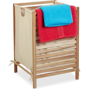 Relaxdays wasmand op pootjes - houten frame - 60 l- groot - katoenen waszak - slaapkamer
