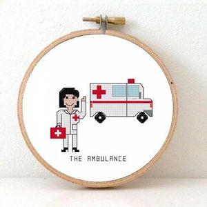 Ambulance borduurpakket - ambulance bestuurder kado idee - ambulance zuster borduren inclusief borduurring, Aida borduurstof, DMC garen en borduurnaald. Vrouw