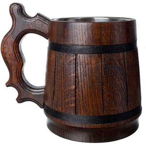 Handgemaakte Eikenhouten Bierpul Roestvrijstalen Beker Natuurvriendelijk Houten Bierpul 06L 20oz - Klassiek Bruin Retro 20 oz 06l