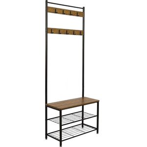 vintage garderoberek, schoenenrek in de gang, schoenenrek met plank, mat metalen frame, afneembare haak.