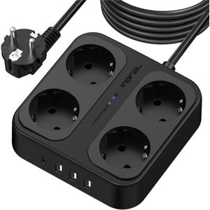 Stellar Stekkerdoos met usb - Stekkerdoos zwart - Stekkerdoos usb - Multi-stopcontact met 4 Voudige 3 USB A en 1 USB C Stroomverdeeluitgangen met Schakelaar