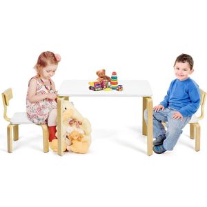 Houten kinderzitgroep met 1 kindertafel en 2 stoelen, kindermeubels met afgeronde hoeken en randen, kindertafel en stoelen voor thuis, klaslokaal, kleuterschool (wit)