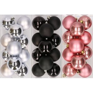 36x stuks kunststof kerstballen mix van zilver, zwart en oudroze 6 cm - Kerstversiering