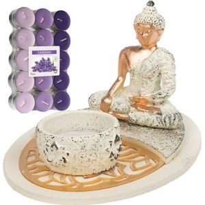 Boeddha beeld voor binnen 15 cm met 30x geurkaarsen lavendel - Buddha beeldje met theelichtjes/waxinelichtjes