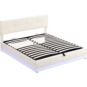 Merax Boxspringbed 180x200 cm met LED Verlichting & Hydraulische Opbergruimte - Kunstleren Bekleding - Inclusief Lattenbodem - Beige