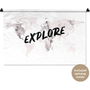 Wandkleed WereldkaartenKerst illustraties - Wereldkaart met paars marmerpatroon en het woord Explore erop Wandkleed katoen 90x60 cm - Wandtapijt met foto