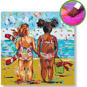 Op het strand | Schilderen op nummer | 30x40cm | Op frame gespannen | Vrolijk Schilderij | Corrie Leushuis