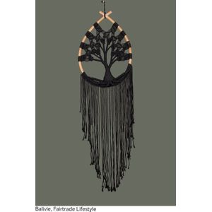 Balivie - Wandkleed - Macramé - Tree of Life - Hand geknoopt katoen binnen een frame van Rotan in druppel vorm - Zwart - B 36 cm D 2 cm L 120 cm