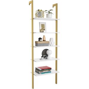 Ladderrek met 5 niveaus, staand rek, boekenkast met metalen frame, traprek, voor kantoor, keuken, woonkamer, 61 x 30 x 183 cm (goud)