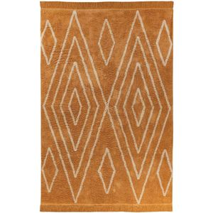 Hoogpolig tapijt Shaggy katoen moderne boho look voor slaapkamer met discrete patroon en franjes in oker geld beige, afmetingen 80 x 150 cm