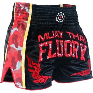 Fluory Muay Thai Shorts Kickboxing Zwart Camo Rood maat M