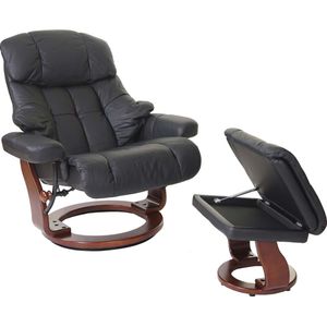 MCA Relax fauteuil Calgary XXL, TV fauteuil kruk, echt leer 180kg belastbaar ~ zwart, walnoot look