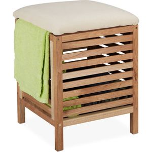 wasmand met kruk - 35 l - hout - stof - 51 x 39 x 39 cm - opbergkruk - naturel