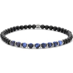 Frank 1967 7FB-0685 Kralen Armband 4mm - Agaat - Mat Lapis Lazuli - Staal - Rekbaar - 19cm - Zwart - Blauw