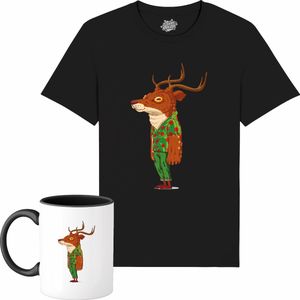 Kris het Kerst Hert - Foute Kersttrui Kerstcadeau - Dames / Heren / Unisex Kleding - Grappige Kerst Avond Outfit - Unisex T-Shirt met mok - Zwart - Maat M