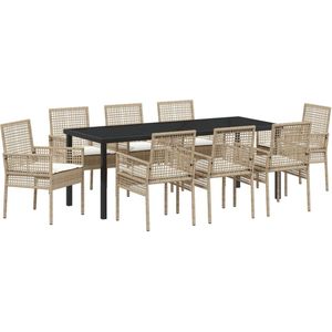 vidaXL - 9-Delige - Tuin - Eettafelset - met - Kussens - Beige - Poly - Rattan