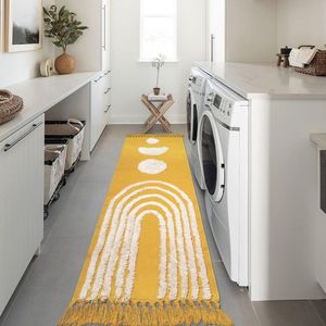 Tapijt Runner Hal Lang 60 x 180 cm, Boho Geel Regenboog Getuft Katoenen Tapijt met Geweven Kwastjes, Wasbaar Tapijt voor Badkamer Keuken Woonkamer Slaapkamer Hal Eetkamer