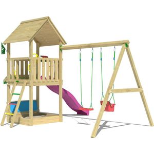 Jungle Gym speeltoestel van grenen hout - Jungle Suite met roze glijbaan - Tuin speeltoestel voor buiten met zandbak en schommels